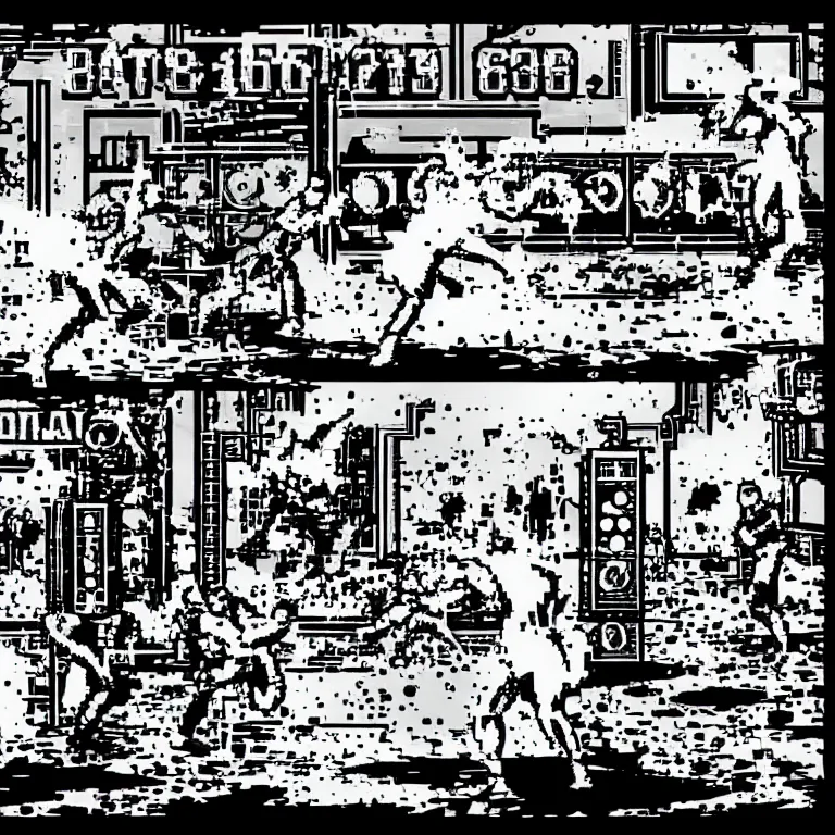 Prompt: ghostly battle arcade vintage fighting game in black and white with blood splatters from the bare knuckle fighting combo with crazy hud GUI from the year 3001