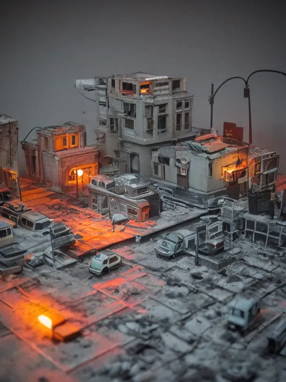 Prompt: mega detailed miniature voxel diorama abandoned labolatory, cold war era, brutalism architecture, suburban, hard lights are on in the windows, dark night, fog, winter, blizzard, uncozy and dark atmosphere, row of street lamps with cold orange light, several ruins nearby, 1 9 6 0