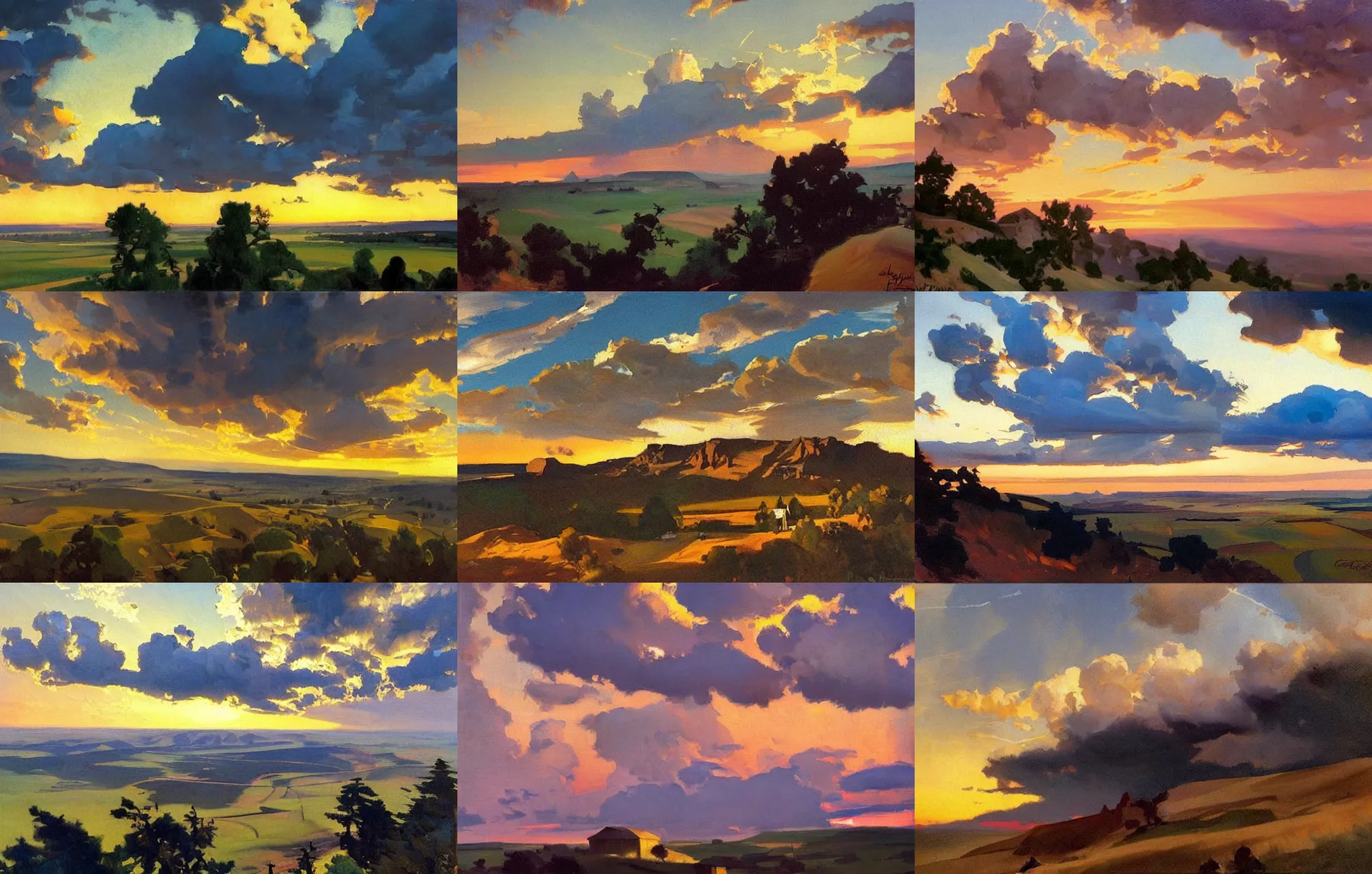 Prompt: painting by sargent and leyendecker and greg hildebrandt epic evening sky at sunset, low thunder clouds foothpath at indian summer wide river horizon tiny old house on top of hill view from above