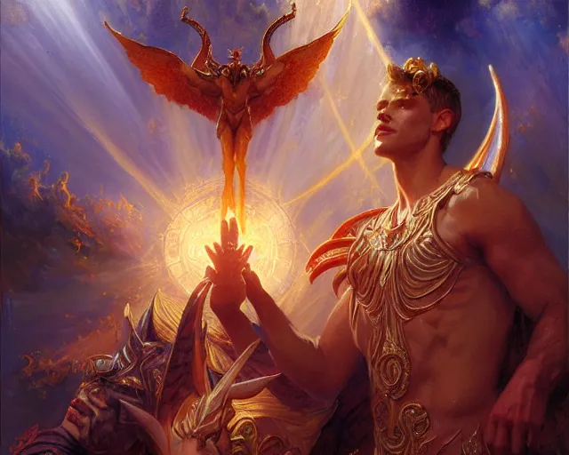 Image similar to attractive male deity, casting demonic magic, summoning handsome lucifer morning star. highly detailed painting by gaston bussiere, craig mullins, j. c. leyendecker 8 k