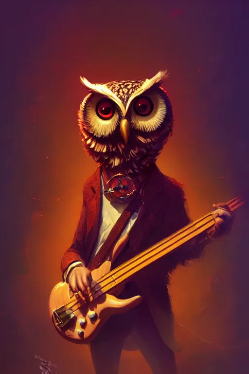 Prompt: portrait of an anthropomorphic owl playing the bass in a rock band, dramatic lighting, highly detailed, digital painting, artstation, concept art, smooth, sharp focus, illustration, art by wlop, mars ravelo and greg rutkowski