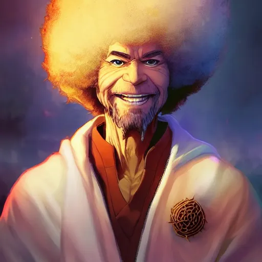 Image similar to anime portrait of Bob Ross as a shaman yedi using dark force to eliminate trump as an anime antagonist by Stanley Artgerm Lau, WLOP, Rossdraws, James Jean, Andrei Riabovitchev, Marc Simonetti, and Sakimichan, trending on artstation