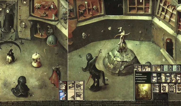 Prompt: Dungeon crawler with UI, 2DCG, 3D environment, first-person POV PS1 game, designed by Hieronymous Bosch!!!!!