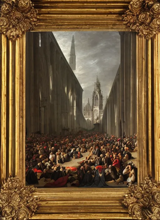 Image similar to elisabeth louise vigee - le brun painting of large crowd of medieval monks in giant in a gothic cathedral interior raising new magical glowing spirit, at dusk sun lit light, old master painting with stunning lighting and details photoreal dusk sun lit light,