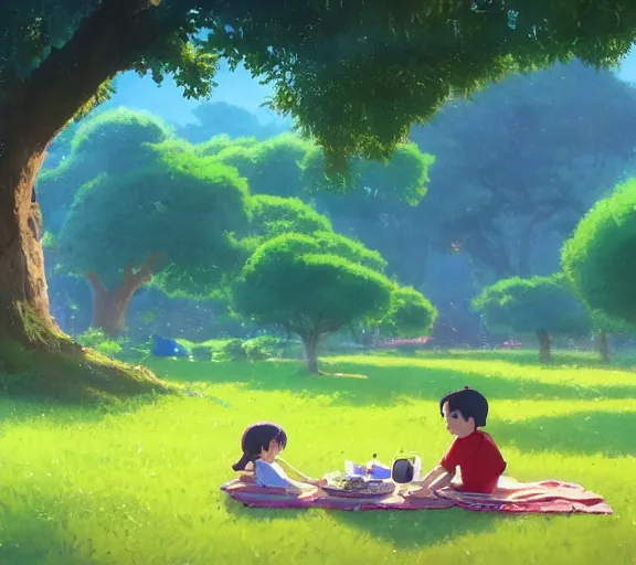 Image similar to a wholesome animation key shot of a girl and boy sitting together under a tree, having a picnic, boy and girl!!, studio Ghibli, Pixar and Disney animation, sharp, very detailed, high resolution, by Raphael LaCoste and Ruan Jia and Robert McCall, postcyberpunk, geodesic, hyperdetailed, sunrise, wide shot, autochrome, octane render, inspired by Hayao Miyazaki, anime key art by Greg Rutkowski, Bloom, dramatic lighting