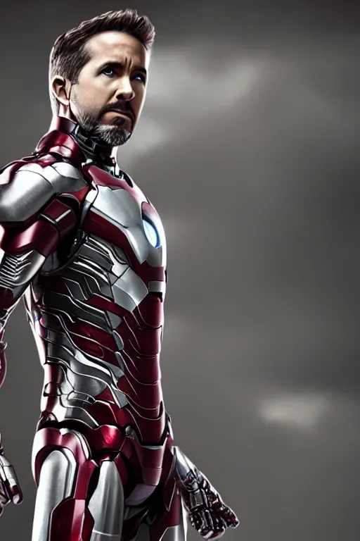 Image similar to ryan reynolds in a silver and black nano technology iron man suit, cinematic, volumetric lighting, f 8 aperture, cinematic eastman 5 3 8 4 film, photorealistic