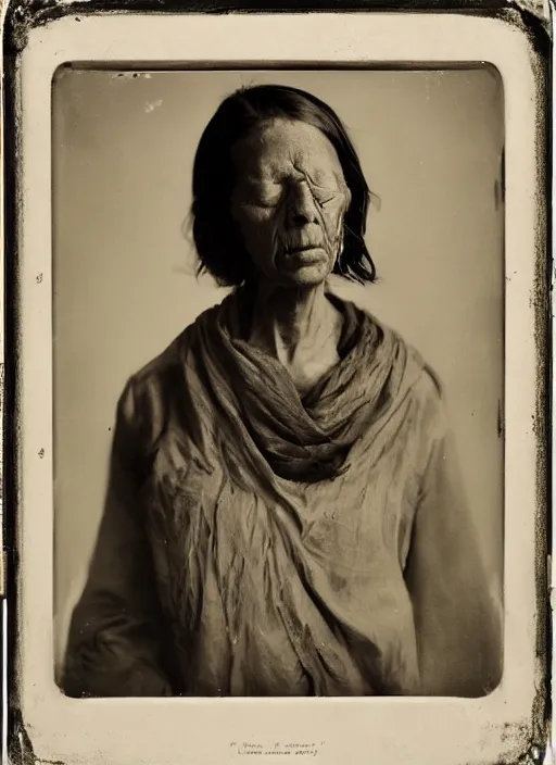 Image similar to portrait of a blind women, hyperrealism, photo realistic, detailed, award winning photograph, cinematic lighting, ambrotype wet plate collodion by richard avedon and shane balkowitsch