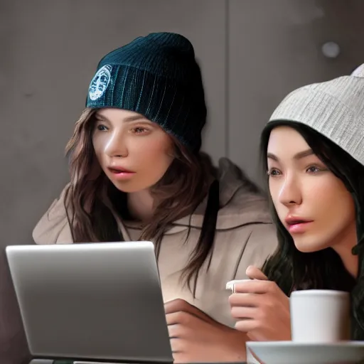 Image similar to hot girls sitting at starbucks being drawn by creepy guy in beanie, 8 k resolution, cinematic lighting, anatomically correct