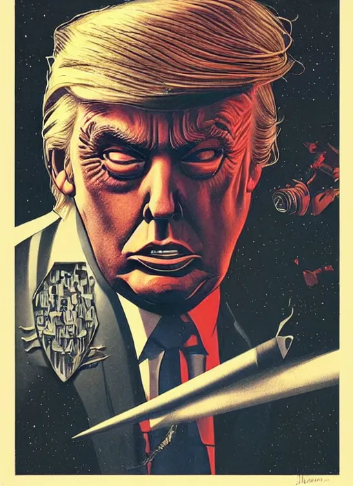 Image similar to donald trump as the villain, slasher film, grotesque, horror, high details, intricate details, by vincent di fate, artgerm julie bell beeple, 70s, inking, vintage 70s print, screen print