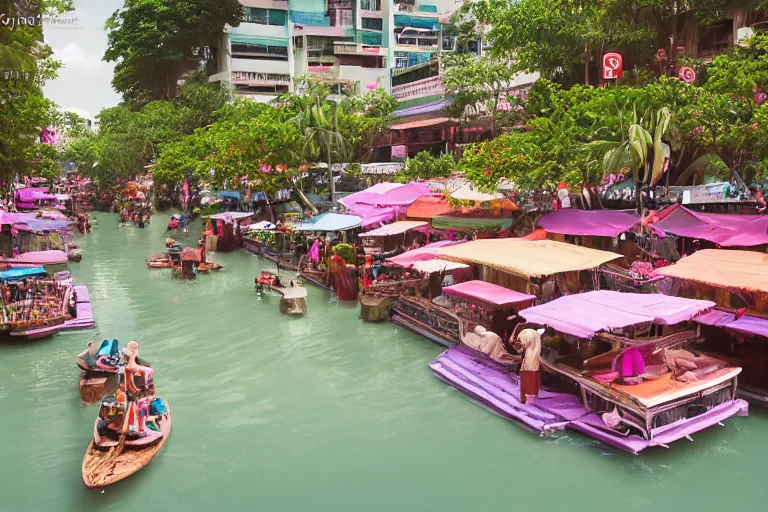 Image similar to floating markets of singapore river along boat quay turquoise and pink river during orchid tree season on thermal waters flowing down white travertine terraces during interstellar aurora borealis, gold waterfalls, vendors, festivals, fun, by peter mohrbacher, james jean, james gilleard, greg rutkowski, vincent di fate, rule of thirds, octane render, beautiful landscape