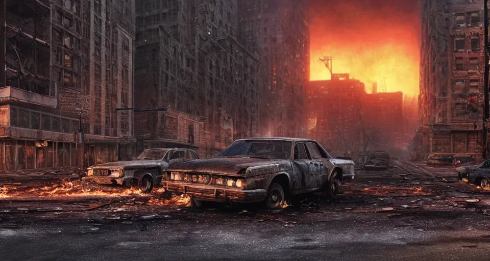 Image similar to A beautiful hyper realistic ultra detailed lifelike matte painting of close-up of a scruffy Timber Wolf standing in the middle of an abandoned post-apocalyptic New York City street at night with cars on fire, unreal engine, deviantart, flickr, artstation, octane render, textured, colorful, extreme realistic detail, physically based rendering, pbr render, very detailed, volumetric lighting, detailed lighting, octane render, 4k, cinematic lighting, 8k resolution