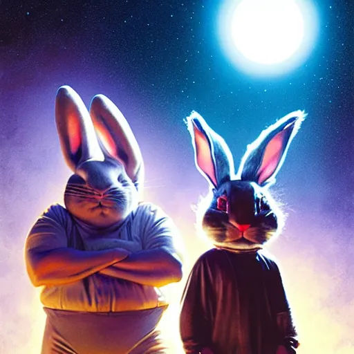 Image similar to hyper realistic, space balls the movie, portrait of a mega derpy john candy, big chungus, with bunny ears, stoned, by greg rutkowski, scott m fischer, artgerm, loish, slight glow, atmospheric, anne stokes, alexandros pyromallis