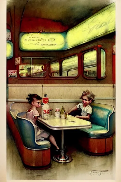 Image similar to ( ( ( ( ( 1 9 5 0 s diner interior. muted colors. ) ) ) ) ) by jean - baptiste monge!!!!!!!!!!!!!!!!!!!!!!!!!!!!!!