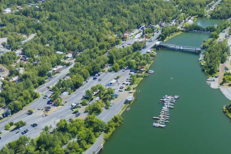 Prompt: bird's eye view of a small city with woods, trailer park, a road, bridge, and lagoon with docking area.