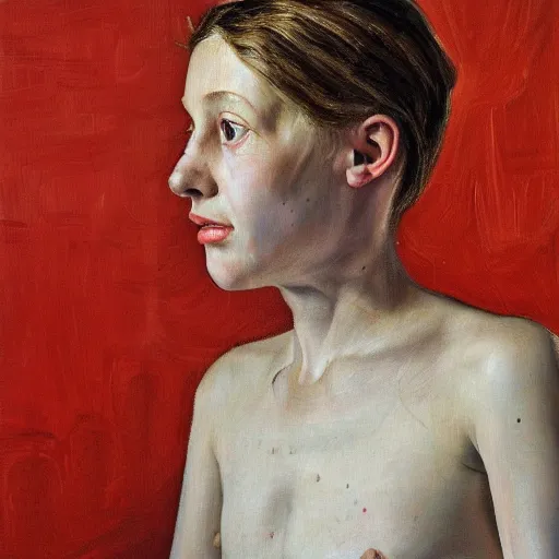 Image similar to high quality high detail painting by lucian freud, hd, godly girl portrait, photorealistic lighting