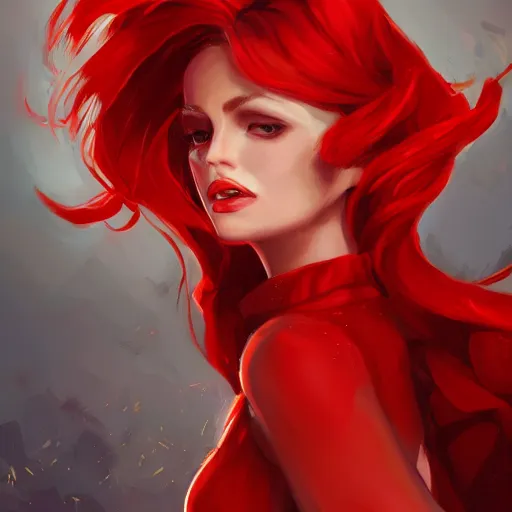 Prompt: a beautiful artwork of a woman with red dress and red hair by riot games, featured on artstation