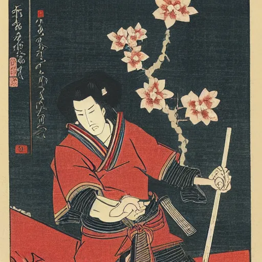 Image similar to Japanese woodblock print of geralt of rivia holding a samurai sword , cherry blossom, Hokusai