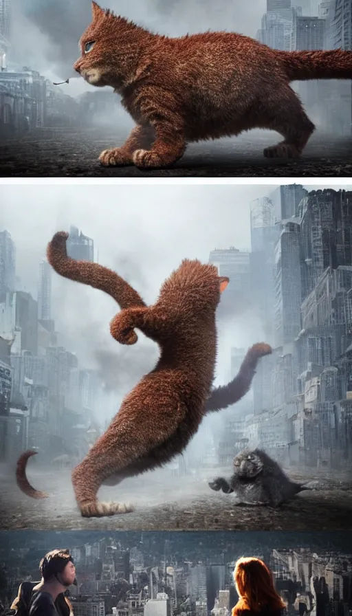 Image similar to people running away from the catzilla. trending on artstation. realistic cinematography, photorealistic, photography, wide shot