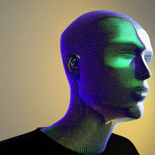 Image similar to a 3d human head made up of shiny holograms