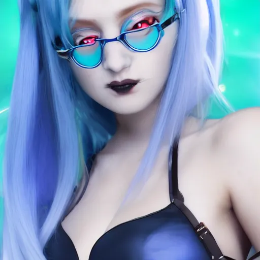 Prompt: a succubus with blue hair and round glasses