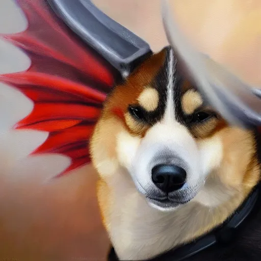 Image similar to an oil painting of a shiba inu with dragon wings, hd, artstation, 4 k wallpaper