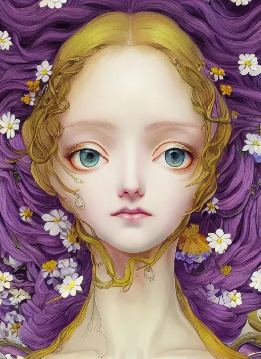 Image similar to elf girl wearing an flower suit, soft hair. light color palate, purple, yellow and white. detailed soft painting, ayami kojima, made in abyss, anatomically correct, ilya kuvshinov, inspired in balthus, high detailed face anime, vogue magazine, glorious composition, mobile wallpaper, mona lisa