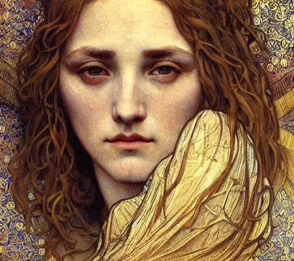 Image similar to detailed realistic beautiful young medieval queen face portrait by jean delville, alphonse mucha, vincent van gogh, and marco mazzoni, art nouveau, symbolist, visionary, gothic, pre - raphaelite