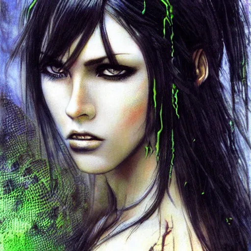 Image similar to female warrior, black hair, gorgeous bright green eyes, cinematic, by luis royo