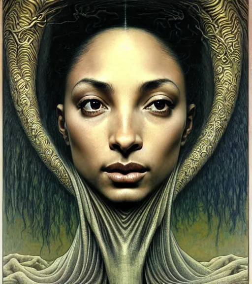 Image similar to detailed realistic beautiful young sade adu face portrait by jean delville, gustave dore and marco mazzoni, art nouveau, symbolist, visionary, ornate, baroque, intricate fractal, maximalism. horizontal symmetry by zdzisław beksinski, iris van herpen, raymond swanland and alphonse mucha. highly detailed, hyper - real, beautiful