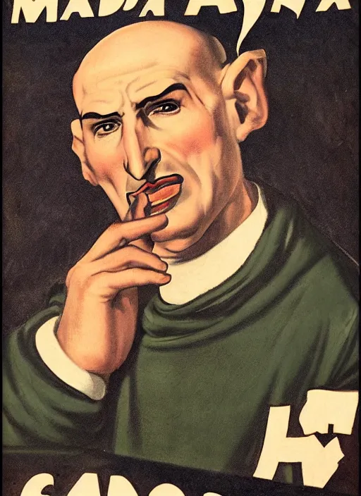 Image similar to portrait of glamorous bald medieval man with big nose and annoyed gesture,look of hate, threatening pose, 1940s propaganda poster, full hd,highly detailed