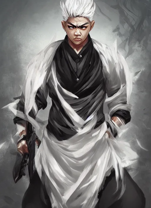 Image similar to a highly detailed illustration of fierce asian man with short white hair parted down middle, wearing white kimono with black shirt, with black sclera eyes, heroically battle posing, muscular, intricate, elegant, highly detailed, centered, digital painting, artstation, concept art, smooth, sharp focus, league of legends concept art, WLOP