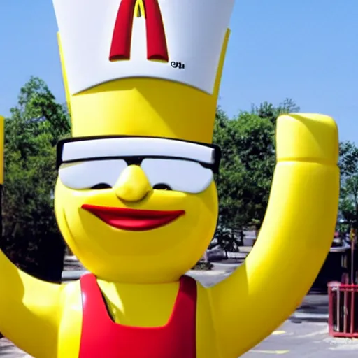 Prompt: anthropomorphic lemon working at mcdonalds wearing mcdonalds hat