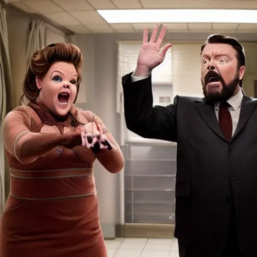 Image similar to movie shot from a sci - fi absurdist comedy with ricky gervais played by melissa mccarthy, dramatic