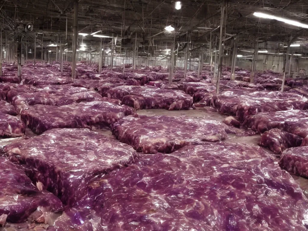 Prompt: shiny purple slab of meat being eaten by flies, warehouse, slaughterhouse, nightmare, horror,