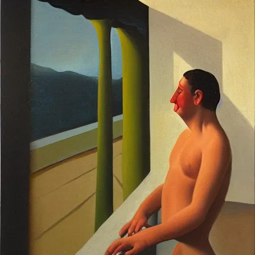 Image similar to a man looking out from the balcony thinking about the person he is in love with. oil canvas in the style of Dali