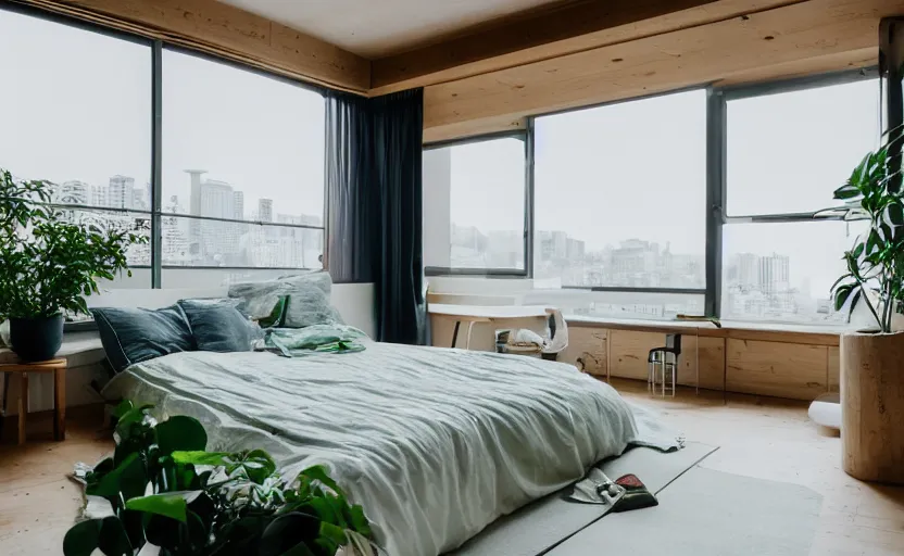 Prompt: a bright and cozy minimalist bedroom, white and pine wood, bed, cupboards, green potted plants, large window with a view of large concrete Japanese apartment blocks