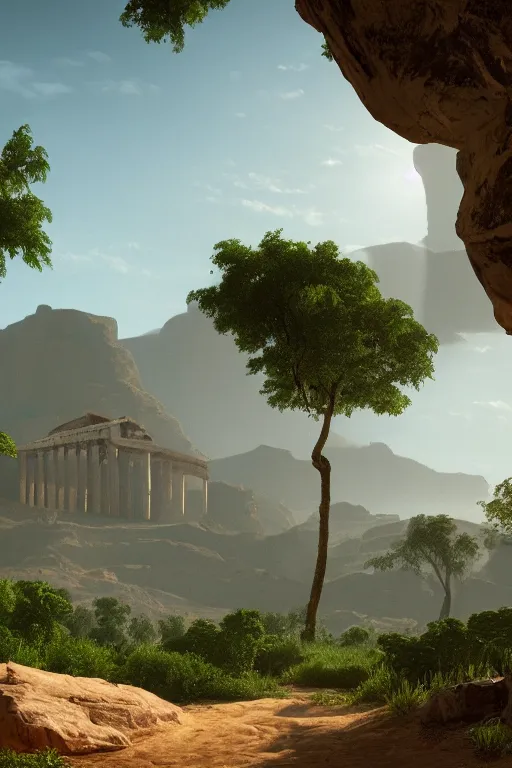 Image similar to an endless desert landscape with lush vegetation in the style of thomas cole with a single parthenon placed in the middle of the foreground, raytracing, 8 k, octane render, volumetric, vivid, beautiful, hyperrealism