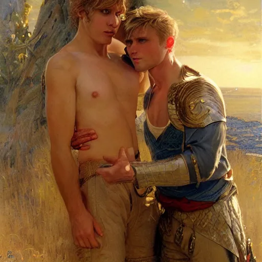 Image similar to attractive male, arthur pendragon who has blond hair confesses his love to attractive male, merlin who has dark hair. highly detailed painting by gaston bussiere, craig mullins, j. c. leyendecker 8 k