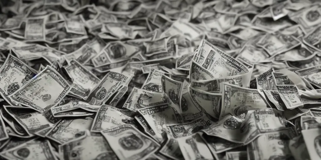 Image similar to a film still of cash money piling up in a vault, shallow depth of field, cinematic, award winning cgi, vfx, film still cfg _ scale : 2 1. 0