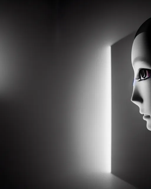 Prompt: black and white high quality photo of a female AI-queen-cyborg-doll looking into a sci-fi mirror, volumetric lighting, foggy, dreamy, hyperdetailed, photorealistic, cinematic, masterpiece, elegant, dark, in the style of Man Ray, octane render, 8K,