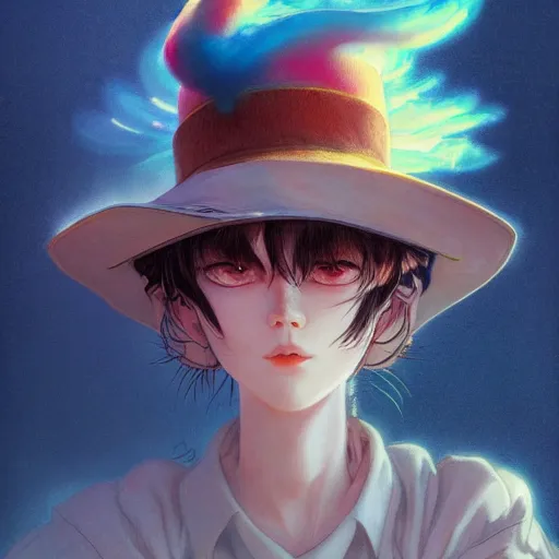 Image similar to prompt : epic hat character portrait soft light painted by james jean and katsuhiro otomo and erik jones, inspired by evangeleon anime, smooth face feature, intricate oil painting, high detail illustration, sharp high detail, manga and anime 1 9 9 9