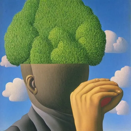 Prompt: surrealist painting of a man with a trunk for a nose, René Magritte