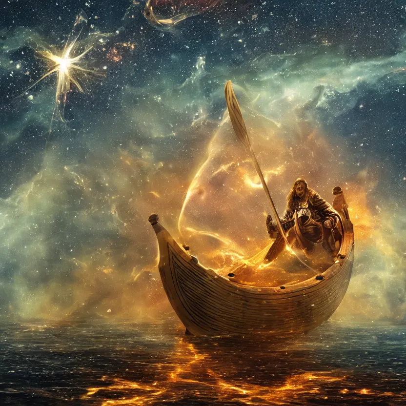 Prompt: a medieval viking longboat rowing through an ocean that is a nebula, several supernovae in the background, stellar explosions spewing streams of gas into space