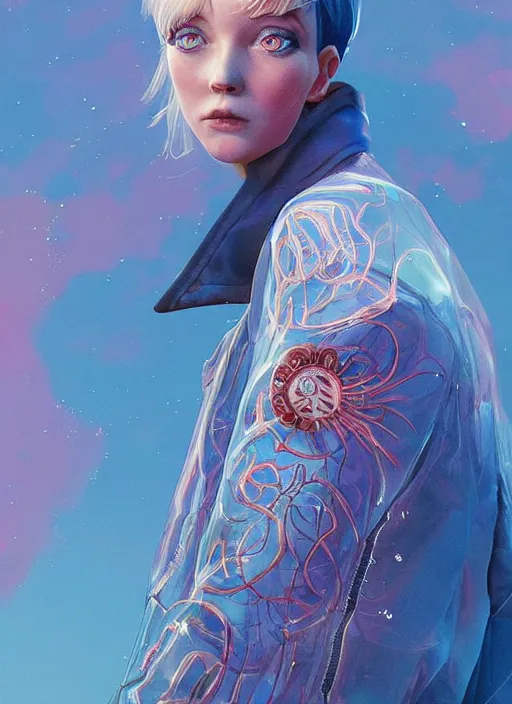 Image similar to blue eyes girl with transparent jacket :: by Martine Johanna and Simon Stålenhag and Chie Yoshii and wlop and Guillermo del toro :: ornate, dynamic, particulate, rich colors, elegant, centered, artstation, smooth, sharp focus, octane render, 3d