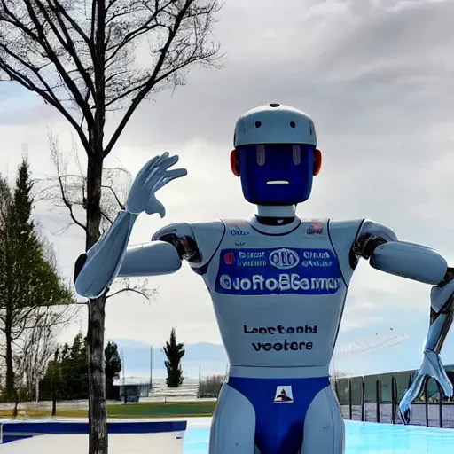 Image similar to showing off his muscles, shiny skin, f 1 driver charles leclerc, on display, who is a male android, posing like a statue, blank stare, humanoid robot, frozen ice statue, made of ice, a realistic detailed photo of a guy who is an attractive humanoid who is half robot and half humanoid, by the pool