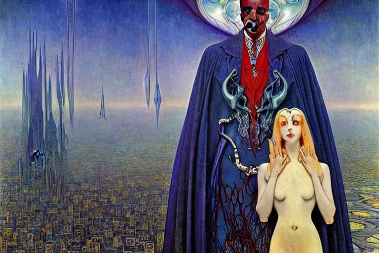 Image similar to realistic extremely detailed portrait painting of an elegantly creepy vampire man in a cape, futuristic sci-fi city on background by Jean Delville, Amano, Yves Tanguy, Alphonse Mucha, Ernst Haeckel, Edward Robert Hughes, Roger Dean, rich moody colours, blue eyes