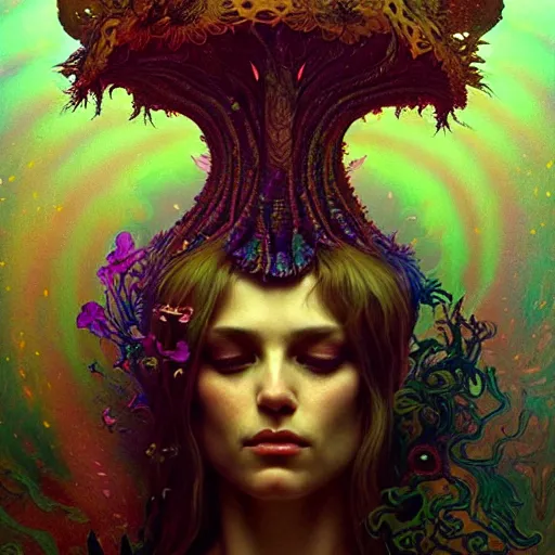 Image similar to An extremely psychedelic experience, surreal, dramatic lighting, magic mushrooms, psilocybin, LSD, face, detailed, intricate, elegant, highly detailed, digital painting, artstation, concept art, smooth, sharp focus, illustration, art by Krenz Cushart and Artem Demura and alphonse mucha