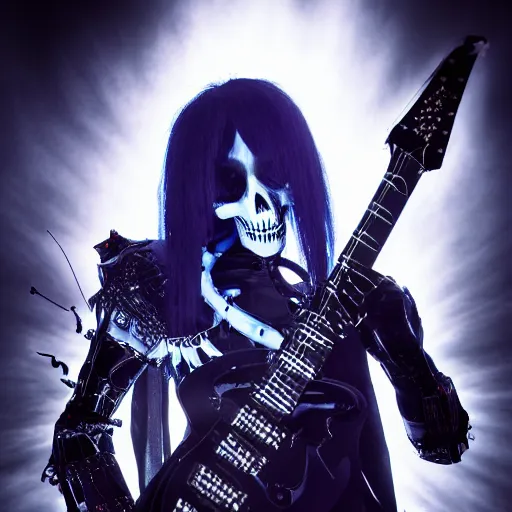 Image similar to gothpunk Skeletor with laser eyes, playing electric guitar, smoke, lights, lasers, highly detailed, realistic, technology and magic, studio lighting, UHD