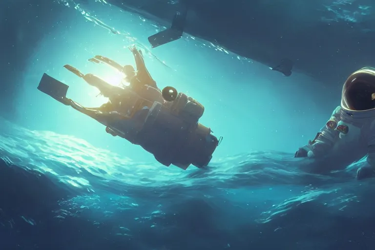 Image similar to astronaut underwater in the ocean at night, volumetric lighting, glowing lights, 4k, octane, digital painting, artstation, concept art, sharp focus, illustration, art by artgerm and greg rutkowski and alphonse mucha