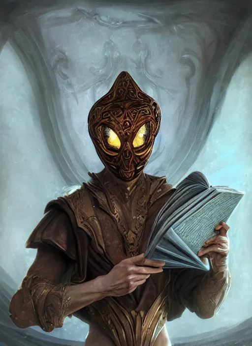 Image similar to Magic Floating Thespian Mask reading a book, no body, bodyless, Ivan Aivakovsky, Boris Vallejo, epic fantasy character art, D&D Concept Art, full length, Realistic, Regal, Refined, Detailed Digital Art, Oil Paining, Exquisite detail, post-processing, masterpiece, Cinematic Lighting, Unreal Engine, 8k, HD, Stanley Artgerm Lau, WLOP, Rossdraws, Frank Frazetta, Andrei Riabovitchev, Marc Simonetti, trending on artstation